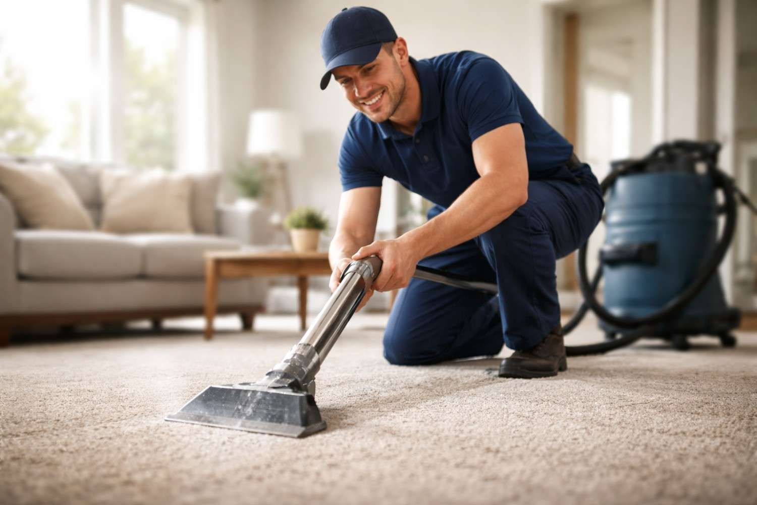 A smiling professional in a blue uniform and cap kneels to clean a light-colored carpet using a metal wand, with a large blue cleaning machine in the blurred background of a bright living room.