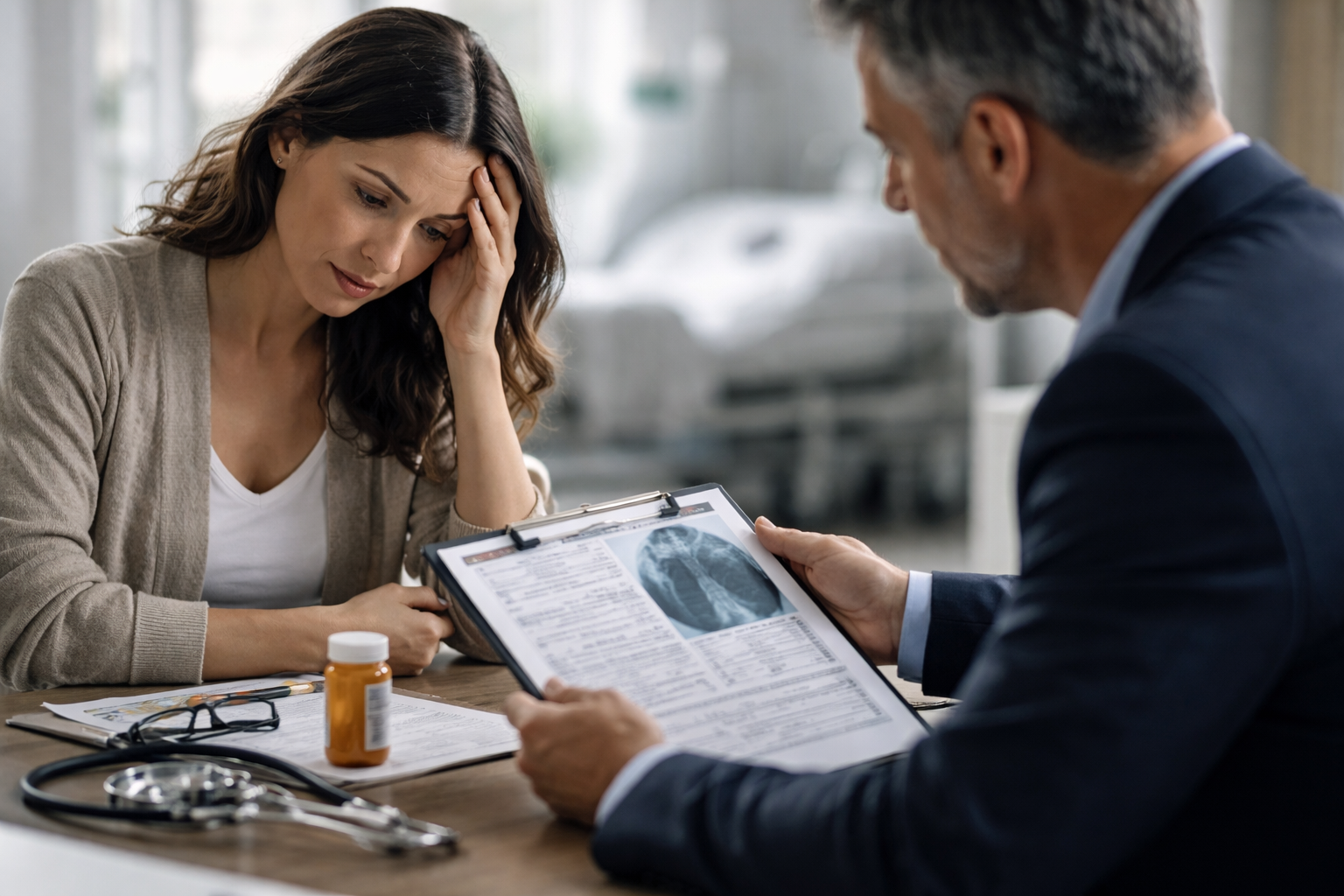 A distressed woman with her hand to her head sits across a desk from a professional in a suit reviewing a medical clipboard with an X-ray, alongside a stethoscope and pill bottle, with a hospital bed in the blurred background