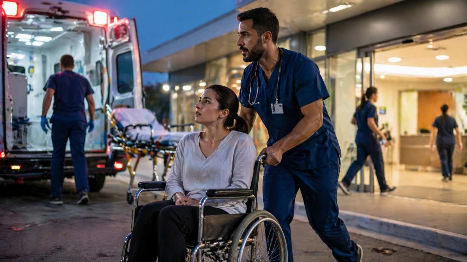 Paramedic rushing woman in wheelchair into hospital from ambulance at night.