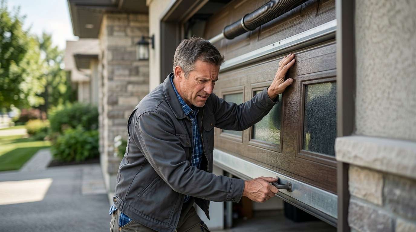 A man struggles to manually lift a garage door, indicating a possible spring issue.