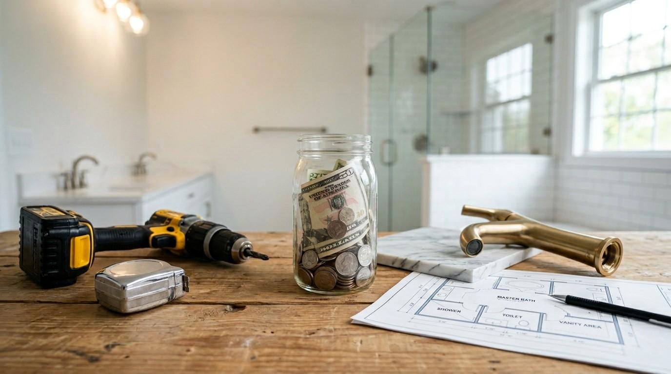 Bathroom remodeling budget planning with renovation tools, fixture samples, floor plans, and a jar of savings in a modern bathroom.