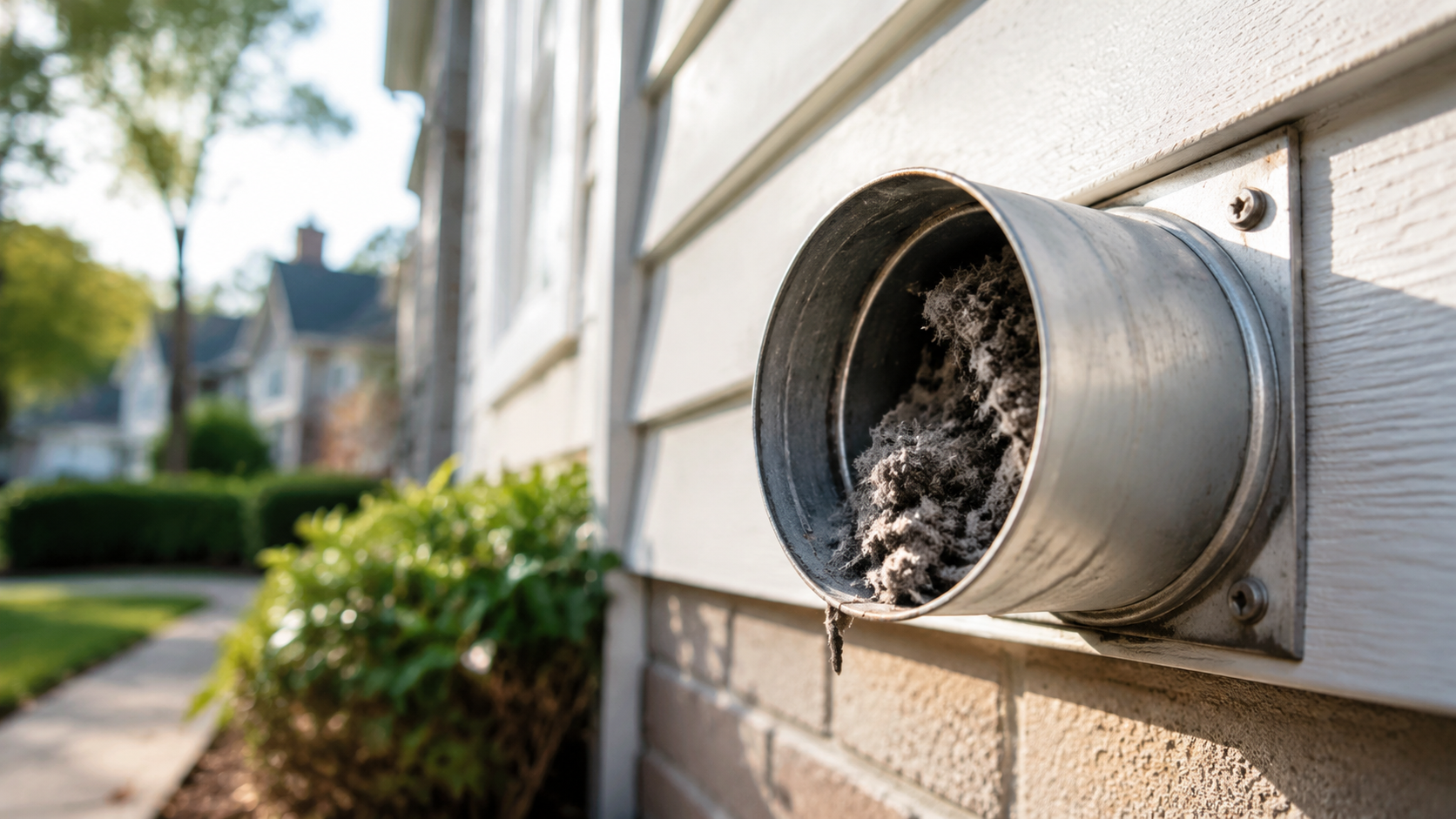 Lint-clogged exterior dryer vent on house siding.