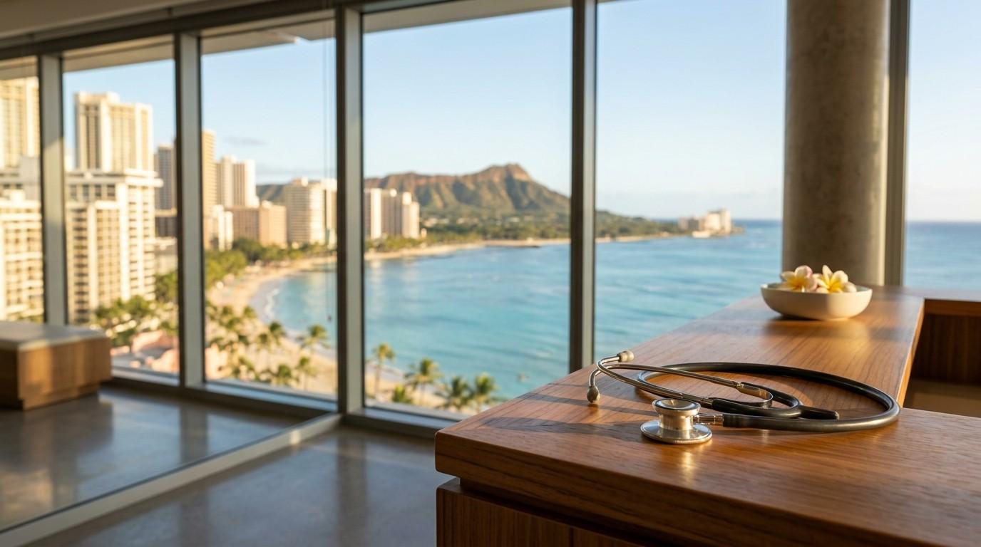Honolulu medical clinic reception area with stethoscope and panoramic Waikiki ocean views.