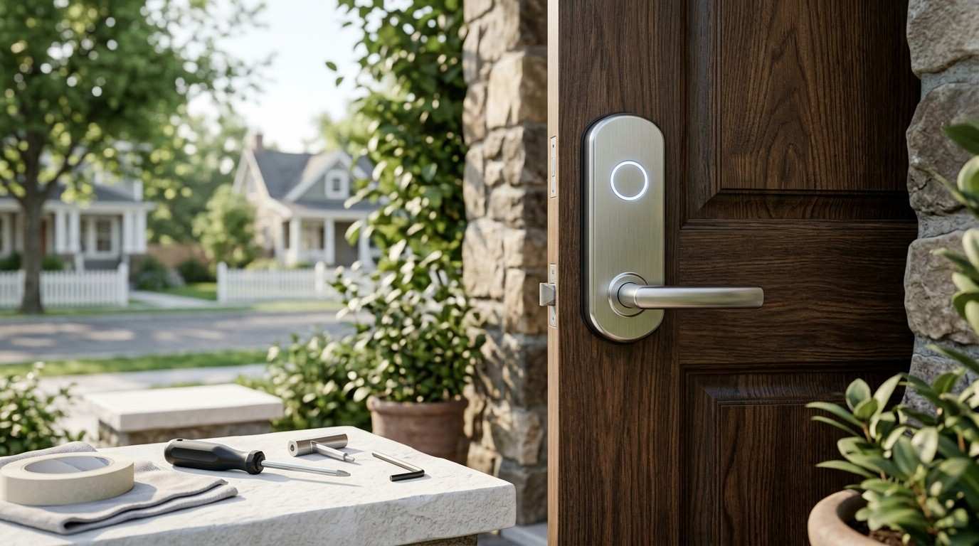 Modern smart door lock with an illuminated circular indicator and silver lever handle installed on a dark wooden front door, with locksmith tools arranged on a nearby stone table.